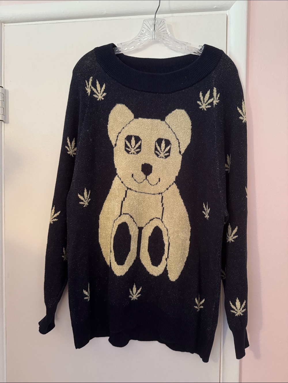 Urban Outfitters Black and Cream Bear-Graphic Crewneck Sweater